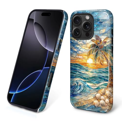 Case for iPhone 16 Pro, Dual Layer Phone Cover, Stained Glass Beach Palm - color: Stained Glass Beach Palm, size: Iphone 16 Pro