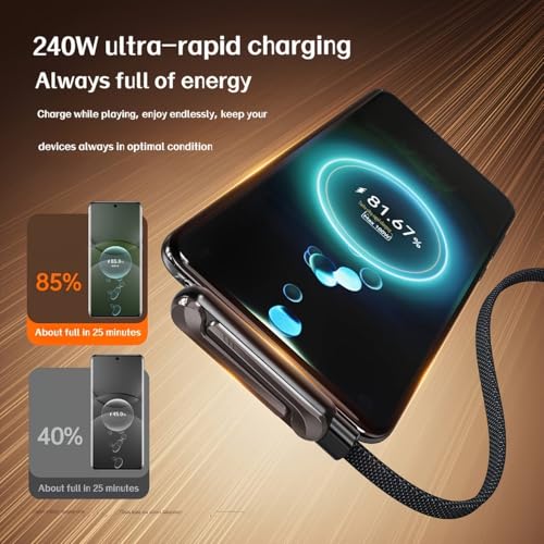 USB C to USB C Braided Cable [5ft], Sideways Phone Charger,240W Fast Charging Cable with Integrated Folding Phone Stand for Gaming Office Travel