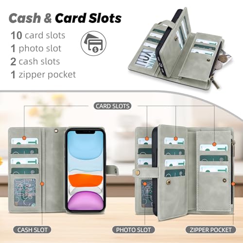 TwoHead for iPhone 11 Wallet case with 11 Card Holder (Gray) | Detachable Magnetic Phone Case, PU Leather Wallet for Women/Men,Wireless Charging Compatible,with Wrist Strap - color: Gray