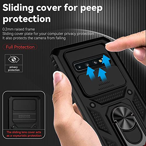 for Samsung Galaxy S10 Plus Case with Camera Lens Cover HD Screen Protector, Military-Grade Drop Tested Magnetic Ring Holder Kickstand Protective Phone Case for Samsung Galaxy S10+ Plus (Black) - color: Black with camera cover Military-Grade 2nd gen