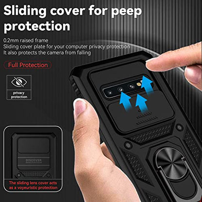 for Samsung Galaxy S10 Plus Case with Camera Lens Cover HD Screen Protector, Military-Grade Drop Tested Magnetic Ring Holder Kickstand Protective Phone Case for Samsung Galaxy S10+ Plus (Black) - color: Black with camera cover Military-Grade 2nd gen