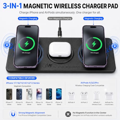 3 in 1 Magnetic Wireless Charger Pad for iPhone 17/16/15/14/13/12 Series, Fast Wireless Charging Station for AirPods 4/3/2 Pro, Raised Charging Pods Design, Magnetic Charging Mat with 24W Adapter