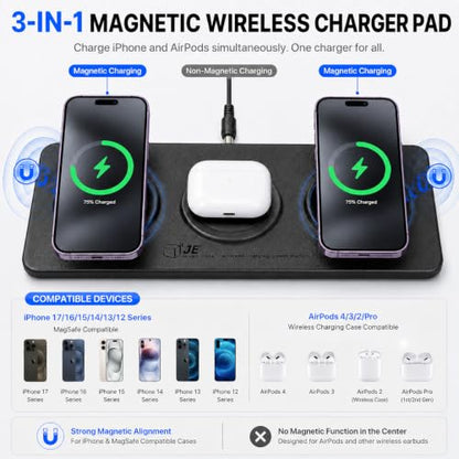 3 in 1 Magnetic Wireless Charger Pad for iPhone 17/16/15/14/13/12 Series, Fast Wireless Charging Station for AirPods 4/3/2 Pro, Raised Charging Pods Design, Magnetic Charging Mat with 24W Adapter