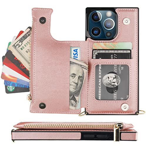 Bocasal Crossbody Wallet Case with Strap for iPhone 13 Pro, Rose Gold - color: Rose Gold