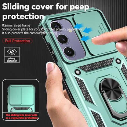 for Samsung Galaxy S24 FE Case with Camera Lens Cover HD Screen Protector, Dual Layer Military-Grade Drop Tested Magnetic Ring Holder Kickstand Protective Phone Case for Galaxy S24 FE (Dark Green) - color: Dark Green w/ camera cover Military-Grade 2nd gen