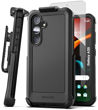 Encased for Samsung Galaxy A35 5G Phone Case with Belt Clip Holster and Screen Protector (Tempered Glass) Heavy-Duty Protective Rugged Cover (Falcon Series), Black