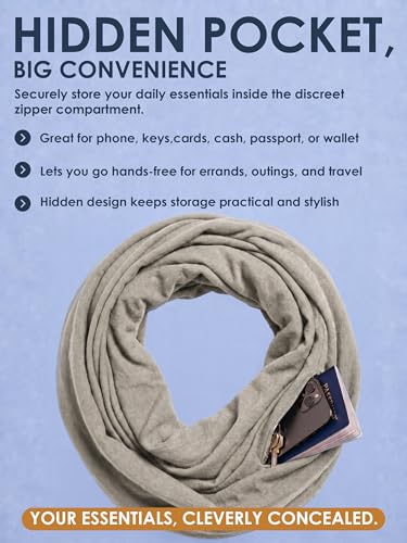 Pop Fashion Solid Color Hidden Zipper Pocket Scarf - Fashion Scarf for Women - All Seasons - color: Grey