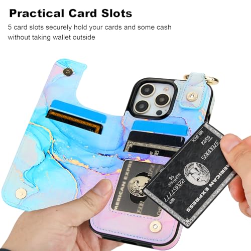 HAOPINSH for iPhone 16 Pro Max Wallet Case with Card Holder, Pink Blue Marble Print Back Flip Folio PU Leather Kickstand Card Slots Case, Finger Grip Ring Double Magnetic Clasp Shockproof 6.9" - color: Pink Blue Marble Grip Ring