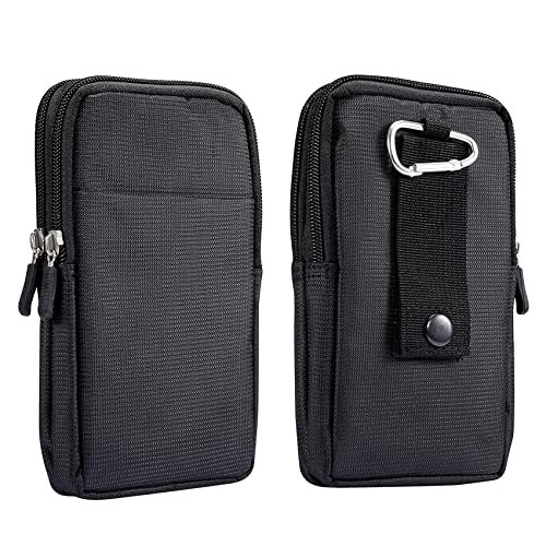Multifunction Dual Phone Holster Men, Nylon Cell Phone Case Holder Mens Belt Pouch Loop/Clip, Smartphone Belt Wallet Purse 2 Zipper Pockets Compatible with iPhone 14 Pro Max Case 13 Pro Max, Black - color: Black