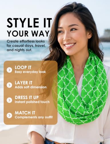 Pop Fashion Quatrefoil Pattern Infinity Scarf for Women - Travel Scarf with Hidden Pocket - All Seasons - color: Green, size: 24.5 x 9.5