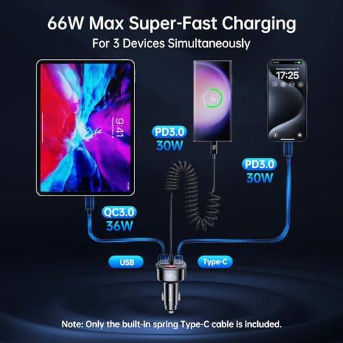 Syncwire USB C Car Charger 66W Super Fast Car Adapter with 6FT Coiled Cable - size: 6 feet