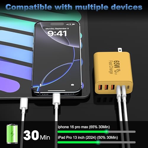 65W USB C Charger Block,6-Port Multi Device Fast Charger PD QC Wall Adapter - color: Yellow, size: 65w
