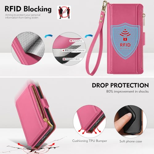 Antsturdy for iPhone 17 Pro Max Phone Wallet Case Women,Hot Pink | RFID Blocking,with Credit Card Holder Slots,PU Leather Purse,Zipper Pocket,Wrist Strap Kickstand,Flip Folio Cover for Men - color: Hot Pink