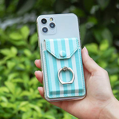 Self Adhesive Phone Card Wallet with Ring Stand Flip Cover, Green Striped - color: Green Striped