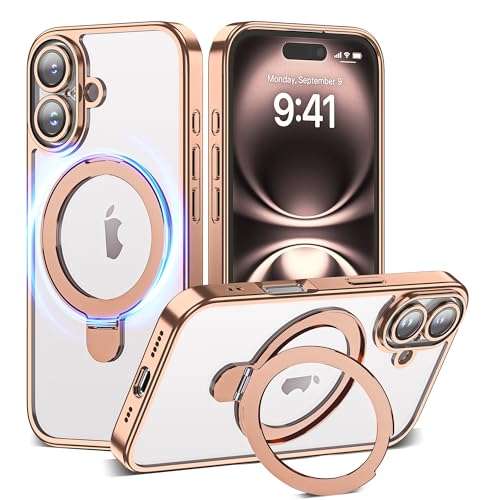 Compatible with iPhone 16 Case with Magnetic Ring Stand [Camera Len Protectors][Compatible with Mag-Safe] Clear Plating Phone Case for iPhone 16 6.1",Desert Gold - color: Desert Gold, size: iPhone 16