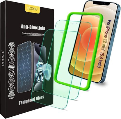 JESOHO Screen Protector for iPhone 12 Mini 5.4 inch, 2 Pack | Blue Light Blocking Tempered Glass Film, Eye Protection, Case Friendly, No Bubble,Easy Installation Kit - size: iPhone 12 Mini (5.4")
