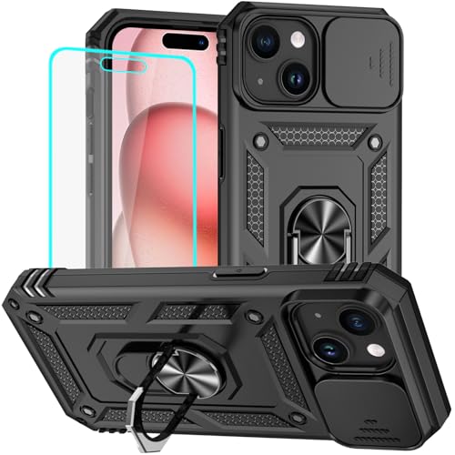 HNHYGETE for iPhone 15 Case with HD Screen Protector: [Military Grade 20ft. Drop Tested] Ring Shockproof Protective Phone Case for - iPhone 15 Black - color: Black, size: iPhone 15
