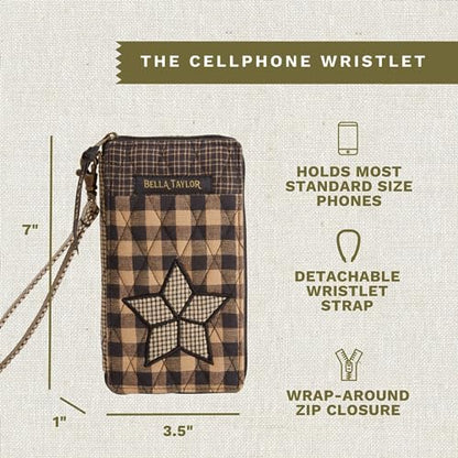 Bella Taylor Cell Phone Wristlet, Quilted Phone Wallet for Women | Lightweight, RFID blocking, phone pocket, built-in wallet, card organizer, coin pocket, secure zipper, quality construction - color: Farmhouse Star