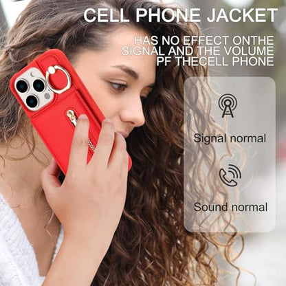 Crossbody Wallet Case for iPhone 12 Pro Max, with Card Slots Zipper Pocket Case, Flip Folio Purse RFID Blocking with Ring Kickstand Detachable Strap-Red - color: Red, size: iPhone 12 Pro Max(6.7")