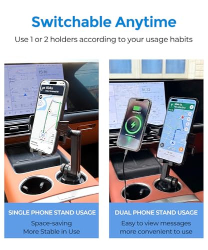 Qi2.2 25W Dual Cup Holder Car Charger with MagSafe Mount, Holds 2 Phones - color: Clamp & Charger