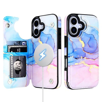 HAOPINSH Wallet Case for iPhone 17, Compatible with MagSafe Wireless Charging, Pink Blue Marble Pattern Back Flip Folio PU Leather Kickstand Card Slots Case Double Magnetic Clasp Cover 6.3" - color: Pink Blue Marble for MagSafe