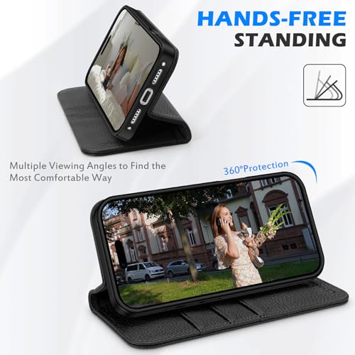 SHIELDON Genuine Leather Case Wallet for iPhone 17 Pro 6.3", Pebbled Black | Magnetic Closure, RFID Blocking, Credit Card Slot, Viewing Stand, Foldable Design, Shockproof TPU Phone Cover - color: Pebbled Black