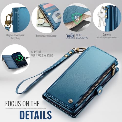 Defencase for iPhone 17 Wallet Case with RFID Blocking Card Holder, Blue | Durable Soft PU Leather, with Zipper Pocket, Wrist Strap, Fashion Snap Flip Phone Cases Cover with Stand for Women and Men - color: Dark Blue