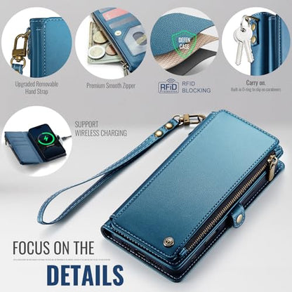 Defencase for iPhone 17 Wallet Case with RFID Blocking Card Holder, Blue | Durable Soft PU Leather, with Zipper Pocket, Wrist Strap, Fashion Snap Flip Phone Cases Cover with Stand for Women and Men - color: Dark Blue