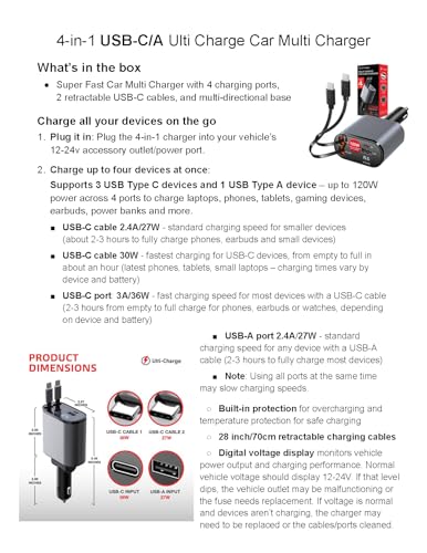 Ulti Charge Car Phone Charger 120W Fast Charging Retractable Cigarette Lighter USB C Charger, 4‑Port USB‑C & USB‑A Dual USBC Charging Block for iPhone, Galaxy, Tablets, Laptops - size: Retractable USBC x2