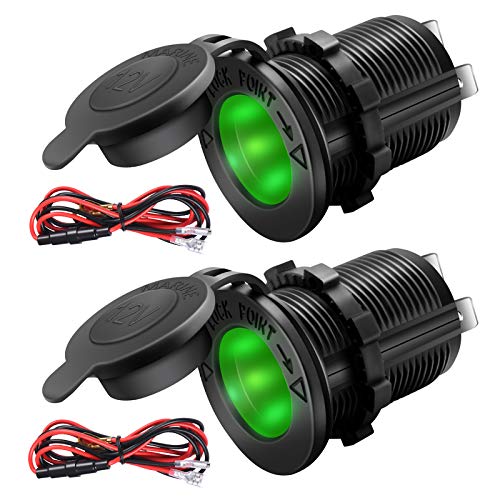 ZHSMS Universal 12V/24V Car Cigarette Lighter Socket Replacement with Green LED for Car Marine Motorcycle ATV RV and More, Waterproof, Pack of 2 - color: Green