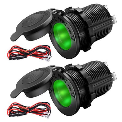 ZHSMS Universal 12V/24V Car Cigarette Lighter Socket Replacement with Green LED for Car Marine Motorcycle ATV RV and More, Waterproof, Pack of 2 - color: Green