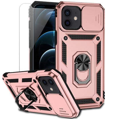for iPhone 12 Mini Case with Camera Lens Cover Screen Protector, Dual Layer Military Grade Drop Protection Magnetic Ring Holder Kickstand Protective Phone Case for iPhone 12 Mini 5.4 inch (Rose Gold) - color: Rose Gold with camera cover Military-Grade 2nd