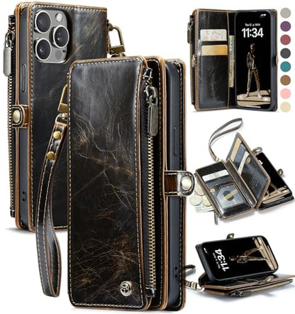 Defencase for iPhone 15 Pro Wallet Case with RFID Card Holder, Coffee | Durable Soft PU Leather, with Zipper Pocket, Wrist Strap, Fashion Snap Flip Phone Cases Cover with Stand for Women and Men - color: Coffee