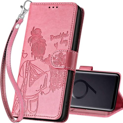 for Samsung Galaxy S9 Plus Wallet case, Pink-Girl | 3 Card Holders, Kickstand, Shockproof TPU Shell, PU Leather, Magnetic Closure, Protective Flip Folio Cover, Women - color: 1