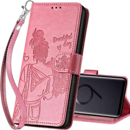 for Samsung Galaxy S9 Plus Wallet case, Pink-Girl | 3 Card Holders, Kickstand, Shockproof TPU Shell, PU Leather, Magnetic Closure, Protective Flip Folio Cover, Women - color: 1