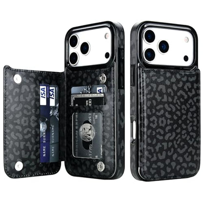 HAOPINSH Wallet Case with Card Holder for iPhone 17 Pro Max, Black Leopard Cheetah Pattern Back Flip Folio PU Leather Kickstand Card Slots Case for Women Girls Shockproof 6.9" - color: Black Leopard