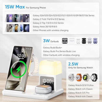 6 in 1 Wireless Charging Station for Samsung Android with Clock & Night Light,Wireless Charger Beside Clock for Galaxy S26 Ultra S25 S24,Galaxy Watch 8/7 Buds 4/3 Pro,Not for Watch 9/Ultra 2 - color: White