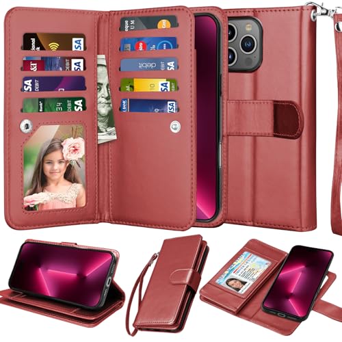 NJJEX Compatible with iPhone 16 Pro Max Wallet Case, 9 Card Slots, Wine Red | PU leather folio flip, detachable magnetic phone cover, integrated kickstand, included lanyard - color: Wine Red, size: iPhone 16 Pro Max