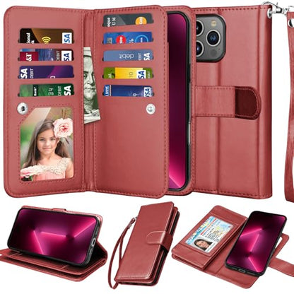 NJJEX Compatible with iPhone 16 Pro Max Wallet Case, 9 Card Slots, Wine Red | PU leather folio flip, detachable magnetic phone cover, integrated kickstand, included lanyard - color: Wine Red, size: iPhone 16 Pro Max