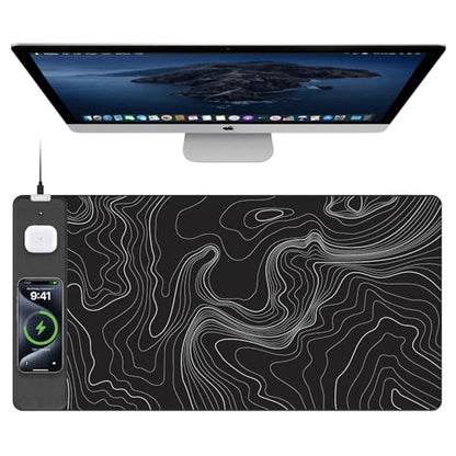 Mouse Pad with Wireless Charging, Large Desk Mat, Black Topographic Map #2 - color: Black Topographic Map #2