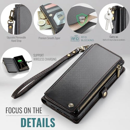 Defencase for Samsung Galaxy S25 Ultra Wallet Case with Card Holder, Black | with RFID Blocking Zipper Pocket, Durable PU Leather, Wrist Strap, S25 Ultra Flip Phone Cases Cover with Stand for Women Men - color: Black