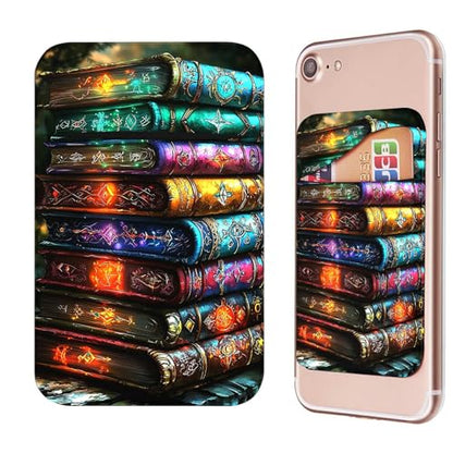 Phone Credit Card Holder Stick on, Cell Phone Pocket Self Adhesive Stretchy Stick on Wallet ID Credit Card Case Pouch Sleeve with Flap for All Smartphones, Colorful Books - color: Colorful Books