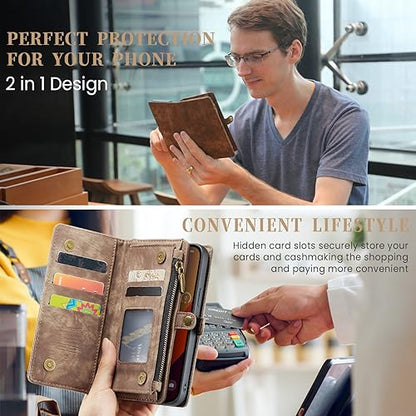Compatible with iPhone 15 Pro Wallet Case with Magsafe,Coffee | Magnetic Detachable Case,Card Holder,Zipper Pocket,Strap Wristlet, Soft Leather Drop-Proof Phone Case for iPhone 15 Pro 6.1“ - color: Coffee, size: iPhone 15 Pro 6.1"
