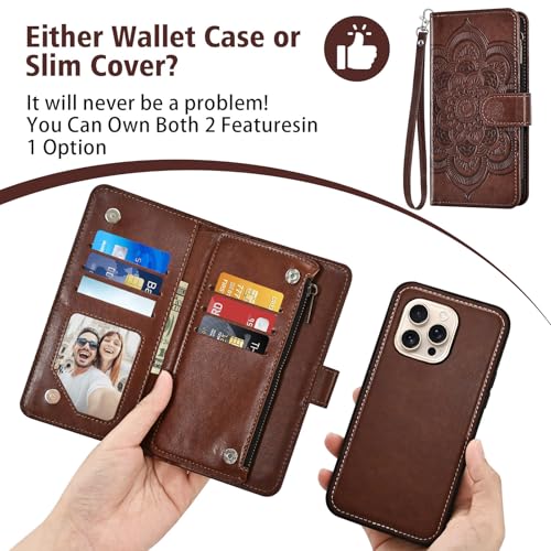 Asuwish Phone Case for iPhone 16 Pro 6.3 inch Zipper Wallet Detachable Cell Cover with Tempered Glass Screen Protector Crossbody Lanyard Strap Flower Card Holder i Phone16 i16 16Pro Women Girls Brown - color: Brown