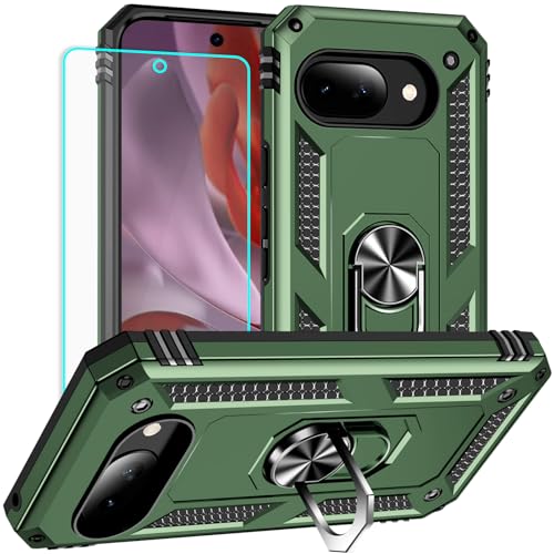 Yiakeng for Google Pixel 9A Case: with Screen Protector - Military Grade Protective Cases with Finger Ring Holder Kickstand for Pixel 9A(Army Green) - color: Army Green, size: Google Pixel 9A Case