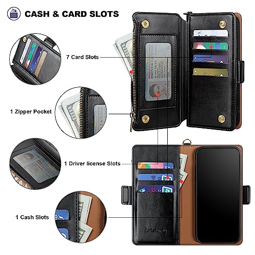 Antsturdy for iPhone 14 Plus Phone Wallet Case Women,Black | RFID Blocking,with Credit Card Holder Slots,PU Leather Purse,Zipper Pocket,Wrist Strap Kickstand,Flip Folio Cover for Men - color: A-Black