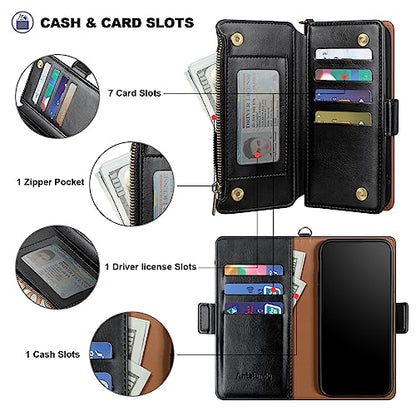 Antsturdy for iPhone 14 Plus Phone Wallet Case Women,Black | RFID Blocking,with Credit Card Holder Slots,PU Leather Purse,Zipper Pocket,Wrist Strap Kickstand,Flip Folio Cover for Men - color: A-Black