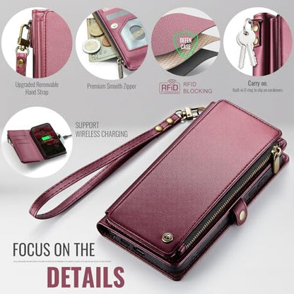 Defencase for Samsung Galaxy S26 Ultra Wallet Case with Card Holder, W-Red | with RFID Blocking Zipper Pocket, Durable PU Leather, Wrist Strap, S26 Ultra Flip Phone Cases Cover with Stand for Women Men - color: Wine Red