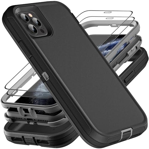 YKHJKLEC for iPhone 11 Pro Case, Military Grade 3 in 1 Heavy Duty Shockproof/Drop Proof/Dust Proof Case with 2Pcs Tempered Glass Screen Protector (Black/Grey) - color: Black/Grey