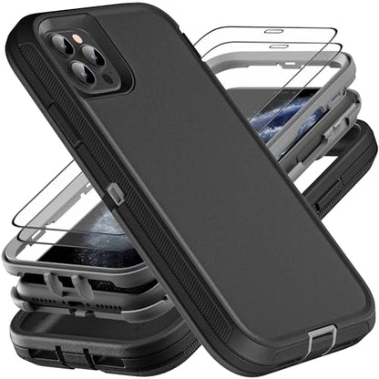 YKHJKLEC for iPhone 11 Pro Case, Military Grade 3 in 1 Heavy Duty Shockproof/Drop Proof/Dust Proof Case with 2Pcs Tempered Glass Screen Protector (Black/Grey) - color: Black/Grey